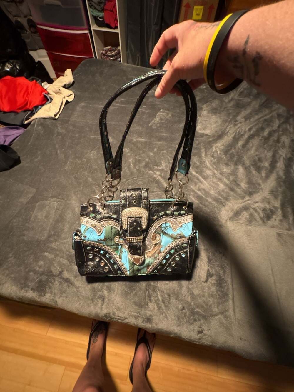 Western Camouflage Rhinestone Buckle Handbag Purse Blue